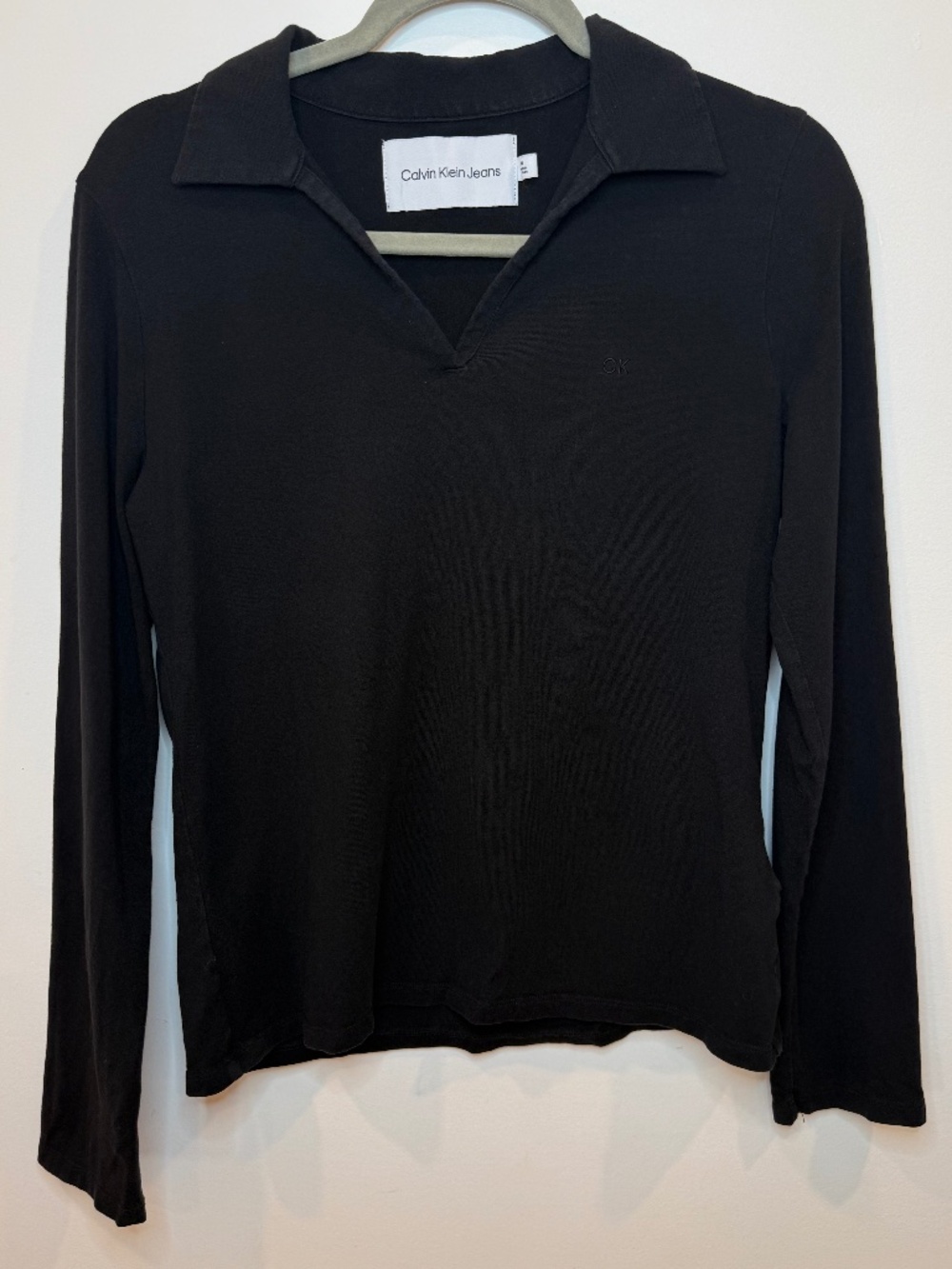 Calvin Klein Long Sleeve Polo Collar V-Neckline Top - Black